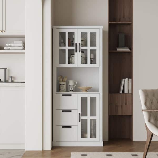 White Wood Buffet and Sideboard, Storage Cabinet, Food Pantry Cabinet with 3-Drawers, 3-Glass Doors and 4-Shelves