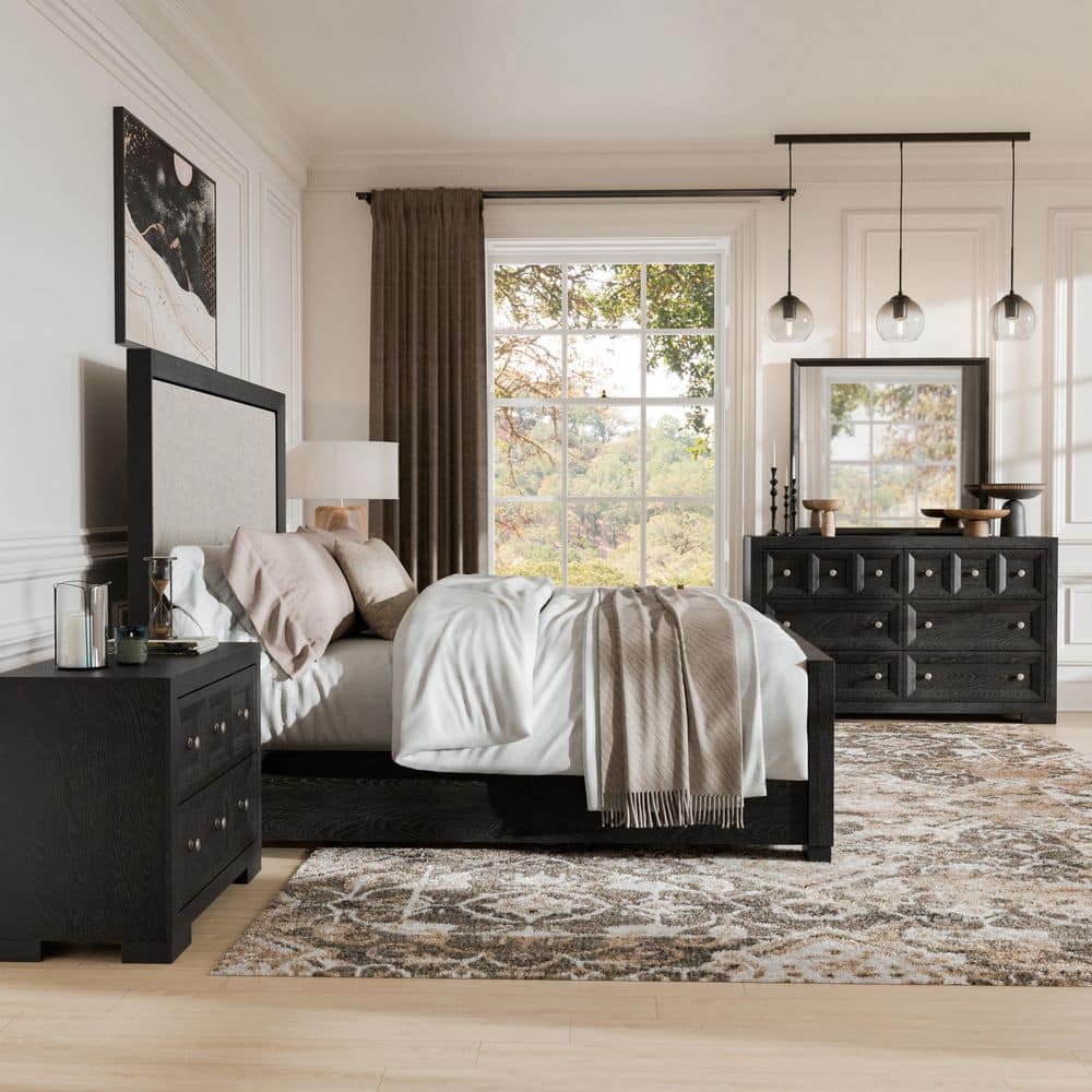Potra 4-Piece Modern Classic Weathered Black Wood Queen Panel Bedroom Set with Oversized Nightstand and Dresser/Mirror price history on PriceWatchPro