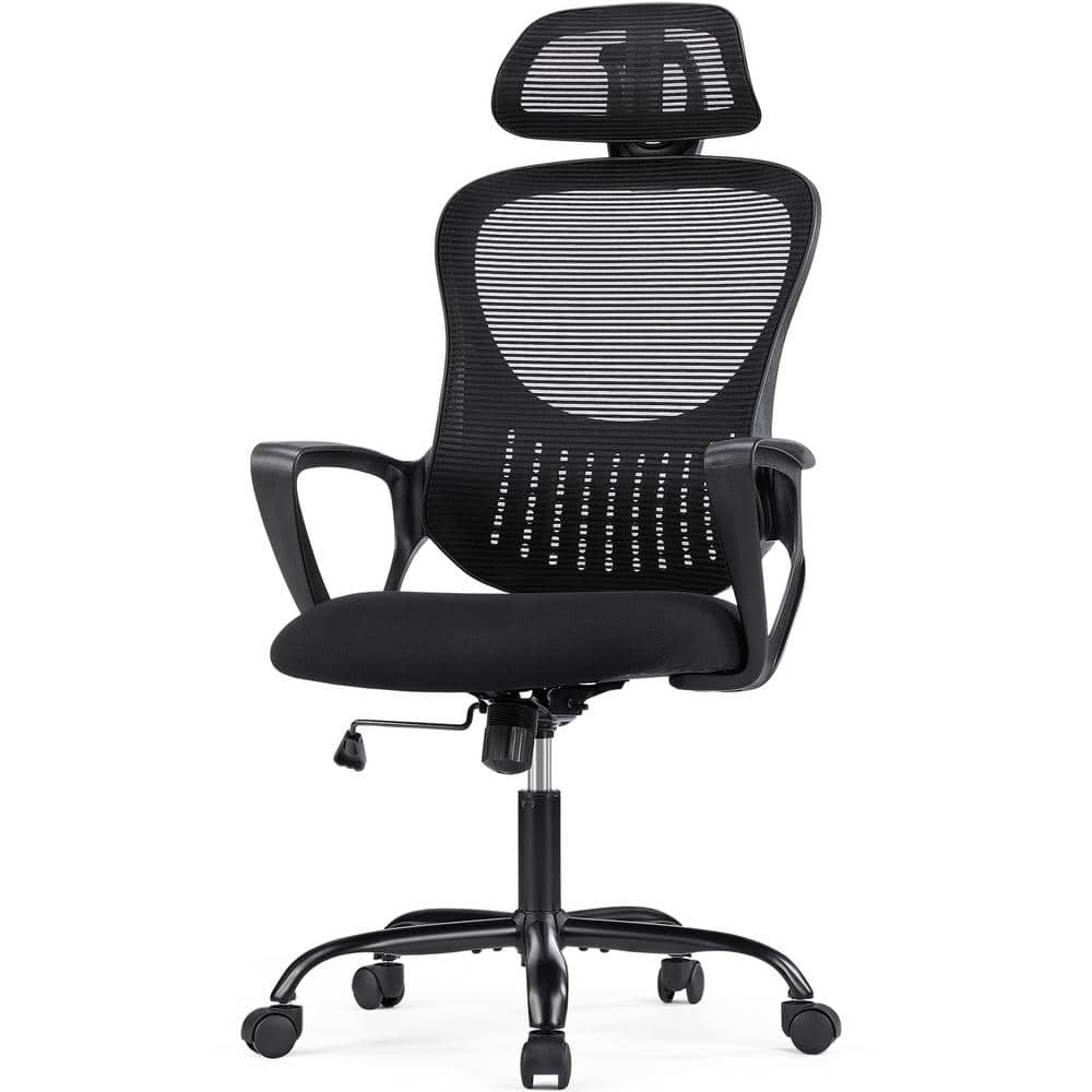 High-Back Mesh Adjustable Headrests Ergonomic Drafting Chair Office Chairs in Black with Fixed Arms