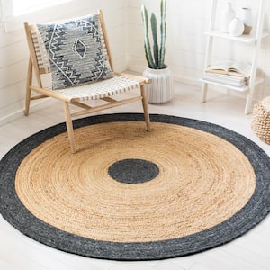 Braided Black/Gold 3 ft. x 3 ft. Round Solid Border Area Rug