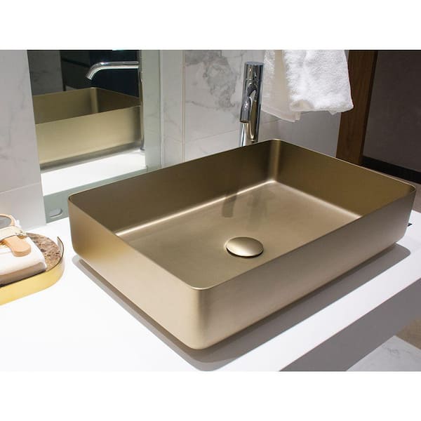 EPOWP 20.66 in. x13.62 in. Brushed Gold Stainless Steel Rectangular Bathroom Above Counter Vessel Sink