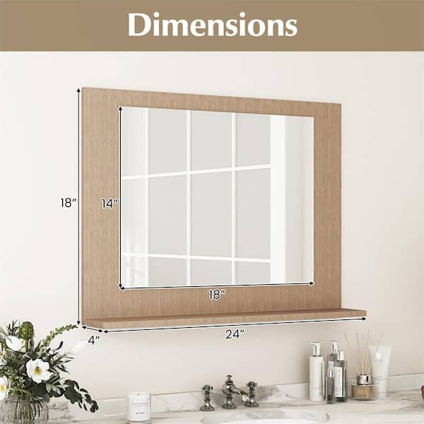 Natural 24 in. W x 18 in. H Modern Rectangle Wood Framed Wall Mounted Bathroom Vanity Mirror with Shelf