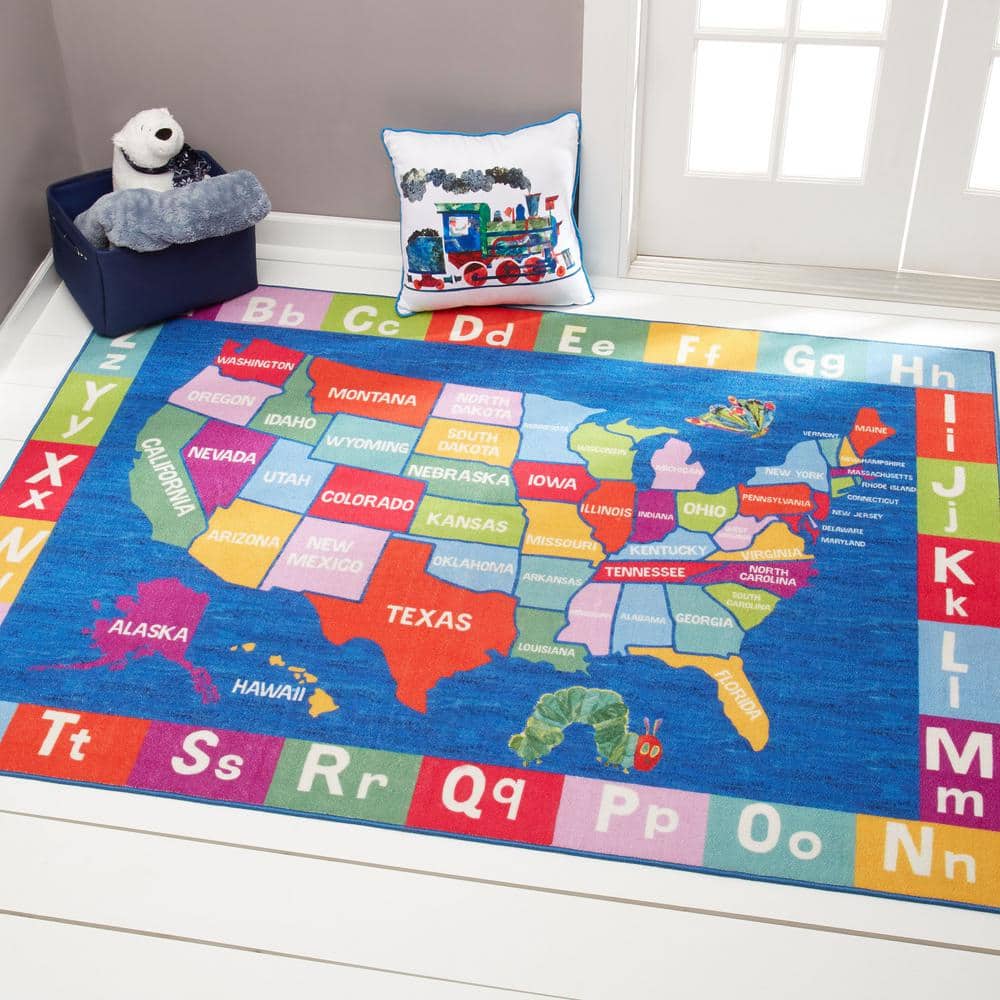 Eric Carle Blue USA Map Kids Washable Area Rug