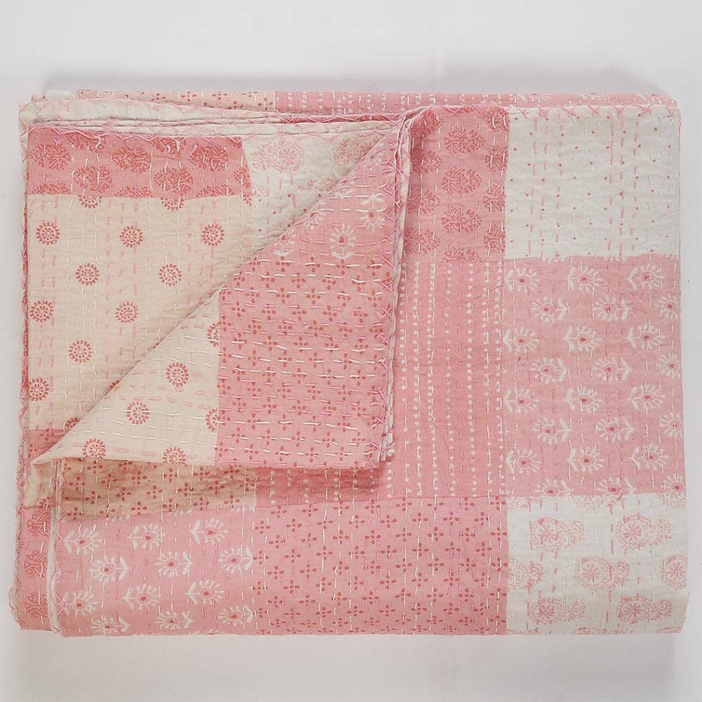 Light Pink Cotton Patchwork Kantha Throw Blanket, 50" x 70"