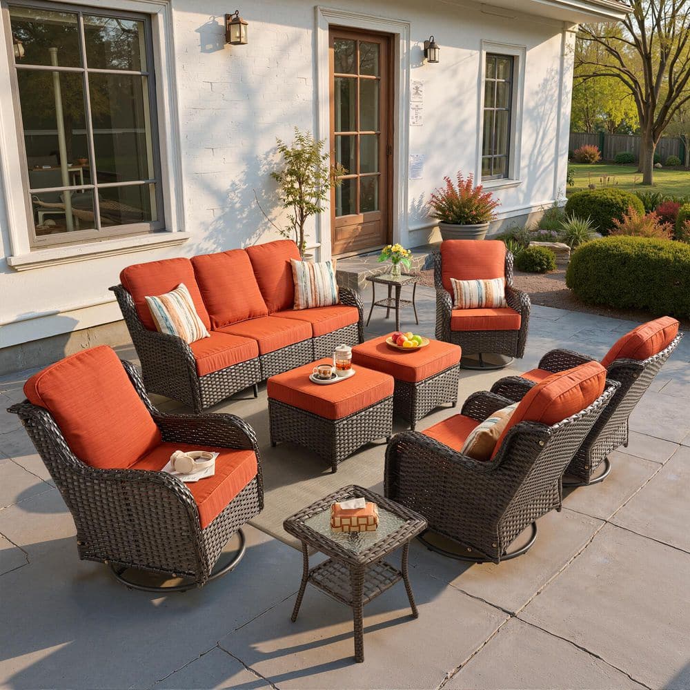 Myrtle 9 Pieces Wicker Outdoor Patio and Swivel Rocking Chairs with Orange Red Cushions price history on PriceWatchPro