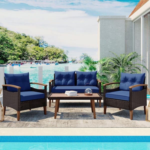 4-Piece Wicker Patio Conversation Seating Set with Blue Cushions