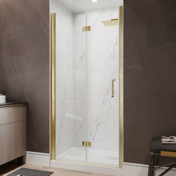 36-38 in. W x 72 in. H Bi Fold Frameless Shower Door in Brushed Gold with Clear Glass