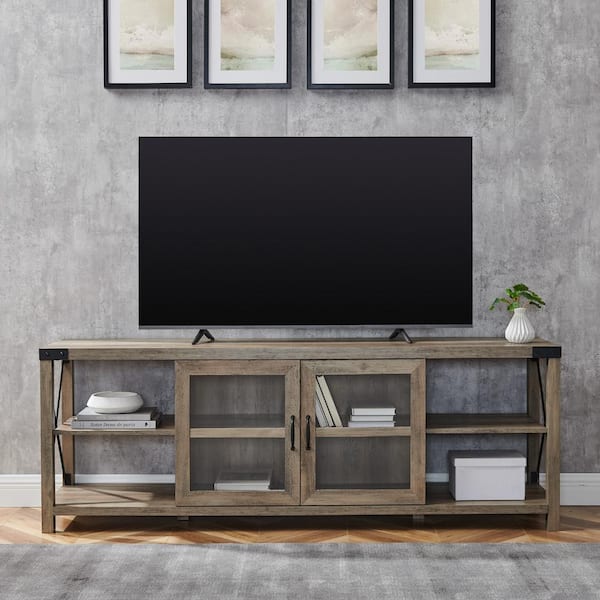 Grey Wash Composite Tv Stand, Tv Stand With Glass Sliding Doors