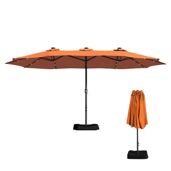 Clihome 15 ft. Steel Market Outdoor Patio Umbrella in Orange with Base and Solar Lights