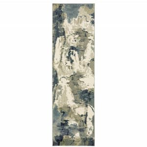 2' X 8' Blue Light Blue Grey Sage Beige And Ivory Abstract Power Loom Stain Resistant Runner Rug