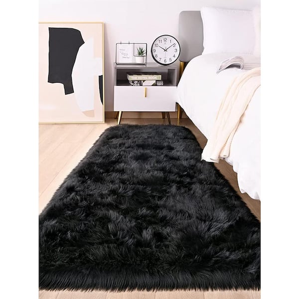 Sheepskin Faux Furry Black 2 ft. x 5 ft. Cozy Area Rug Runner Rug