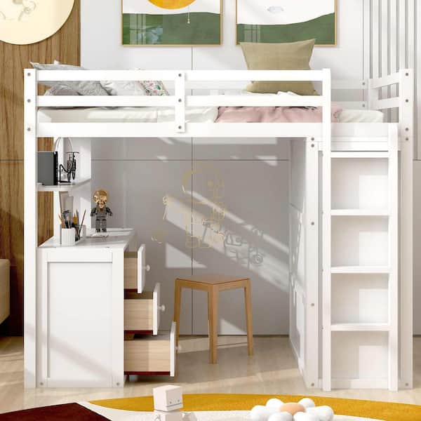 White Twin Size Wood Loft Bed with Drawers, Desk, and Wardrobe