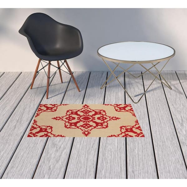 Red 2 ft. x 3 ft. Loomed Oriental Polypropylene Rectangle Indoor/Outdoor Area Rug