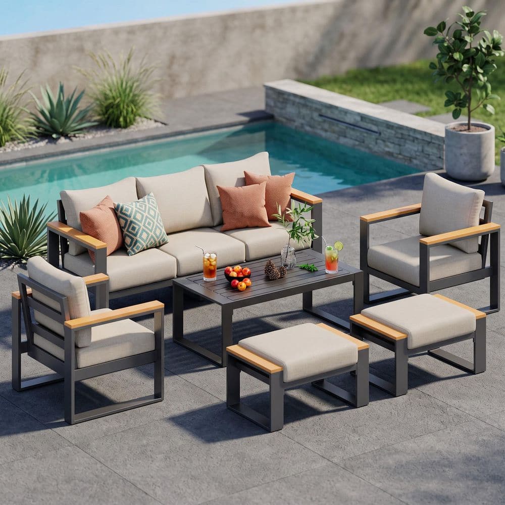 6-Piece Aluminum 7-Seat Outdoor Paito Conversation Set with Coffee Table, Ottomans and Khaki Cushions
