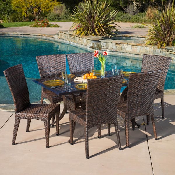 Noble House Brooke Bronze and Mix Brown 7-Piece Aluminum and Faux Rattan Outdoor Dining Set