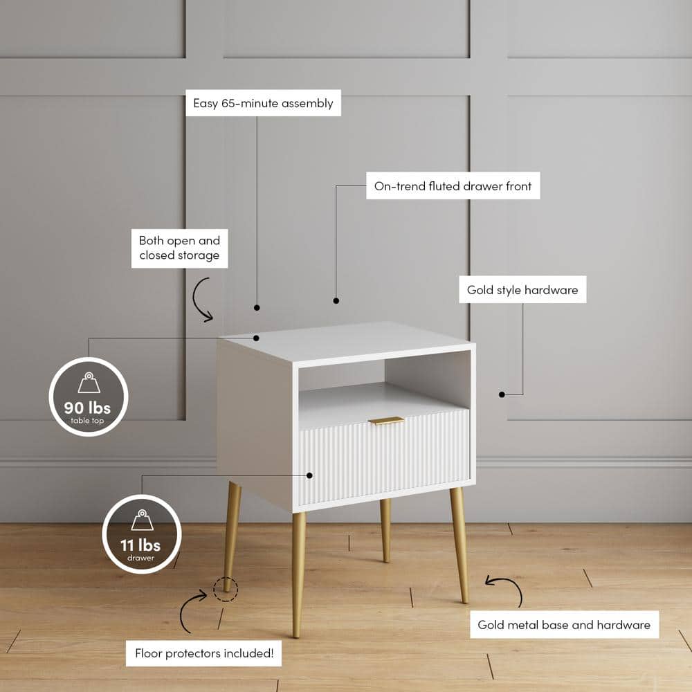 Jacklyn White and Gold Mid-Century Modern Nightstand with Drawer