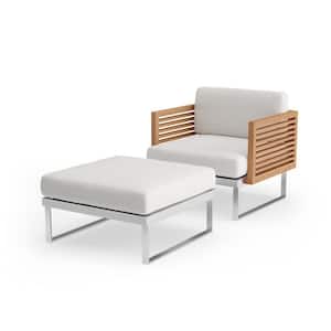 Monterey 2 Piece Stainless Steel Teak Outdoor Patio Chat Chair and Ottoman Set with Canvas Natural Cushions