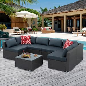 7-Piece Wicker Patio Conversation Set with Dark Gray Cushions and Tempered Glass Table Outdoor Sectional Rattan Sofa
