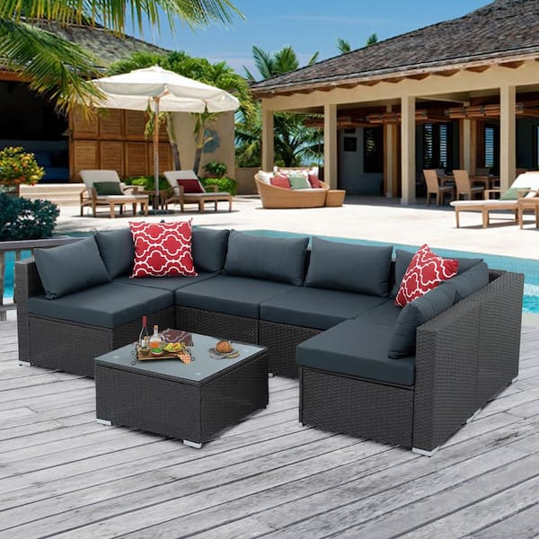 Unbranded 7-Piece Wicker Patio Conversation Set with Dark Gray Cushions and Tempered Glass Table Outdoor Sectional Rattan Sofa
