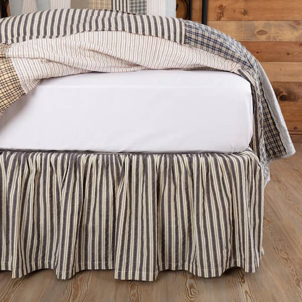 VHC BRANDS Ashmont 16 in. Charcoal Gray Vintage White Ticking Stripe Queen Bed Skirt