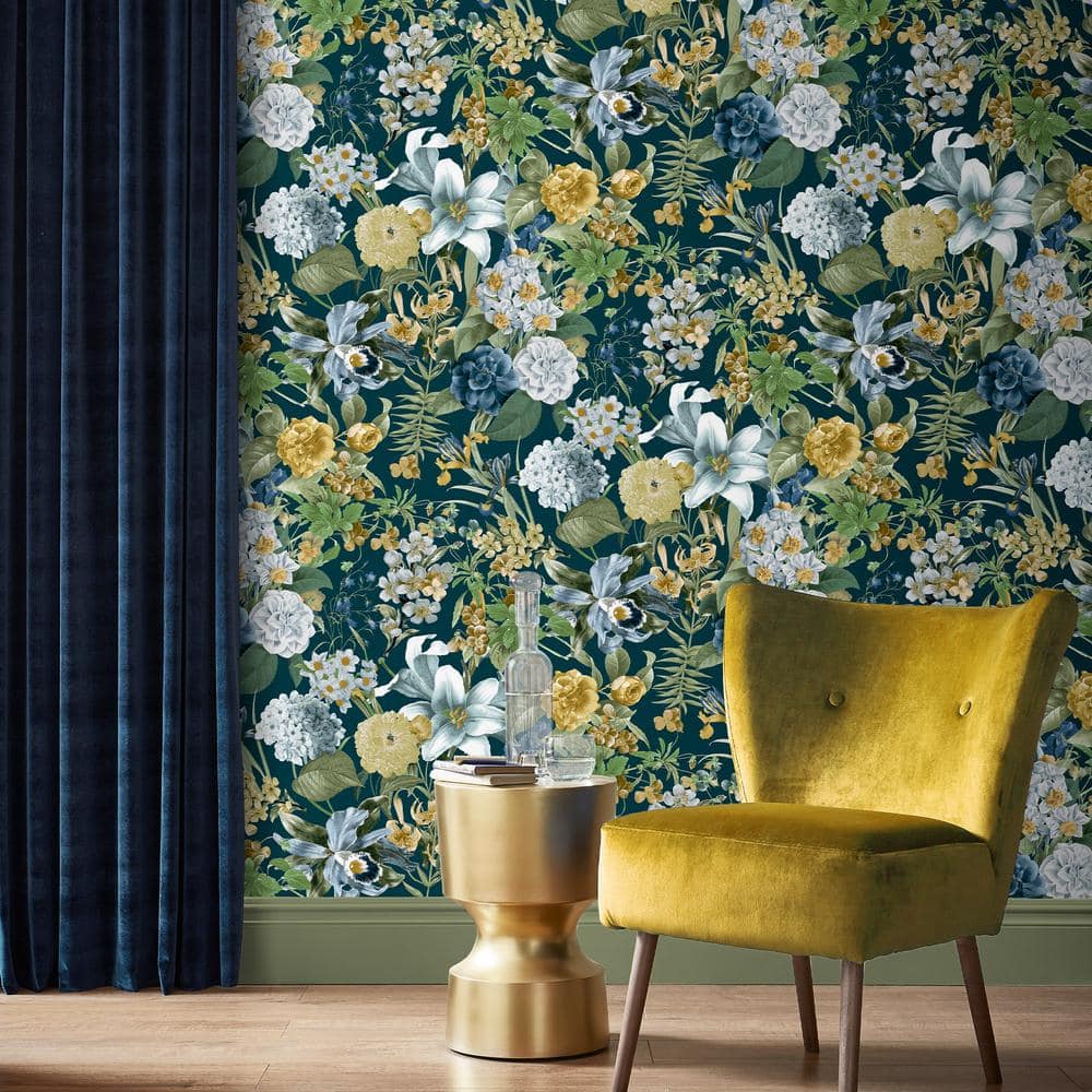 Midnight Garden Flora Blue and Green Wallpaper Roll
