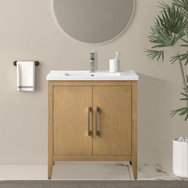 30 in. W x 18.5 in D x 34 in. H Single Sink Bathroom Vanity Cabinet in Natural Oak with Ceramic Top