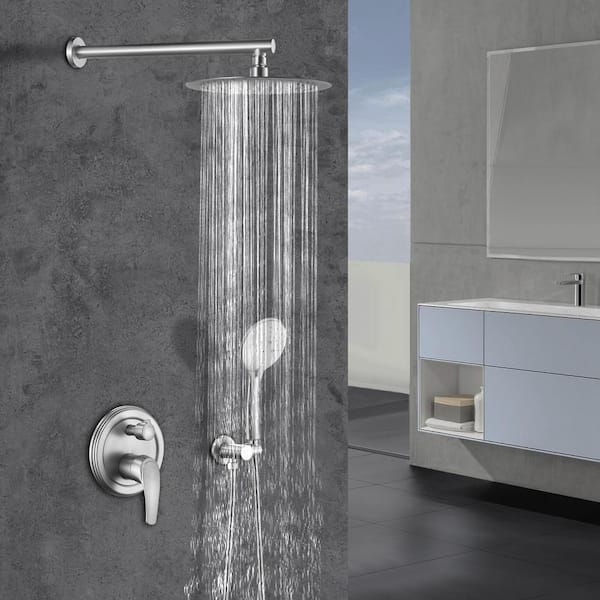 5-Spray 10 in. 3.2 GPM Wall Mount Dual Shower Heads with Handheld Built-In Shower System in Brushed Nickel