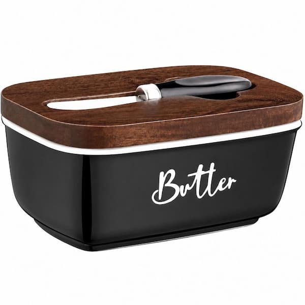 Black Ceramic Butter Dish with Acacia Wood Lid, Silicone Seal and Knife for Farmhouse Kitchen Countertop or Fridge