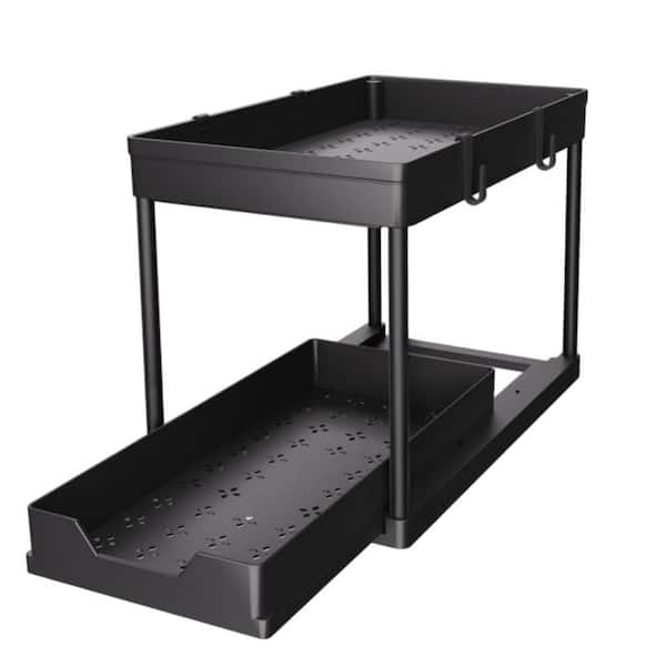 15 in. W Countertop 2-Tier Hair Tool Organizer with Under Sinks, Cabinets and Bathrooms for Storage Use, in Black