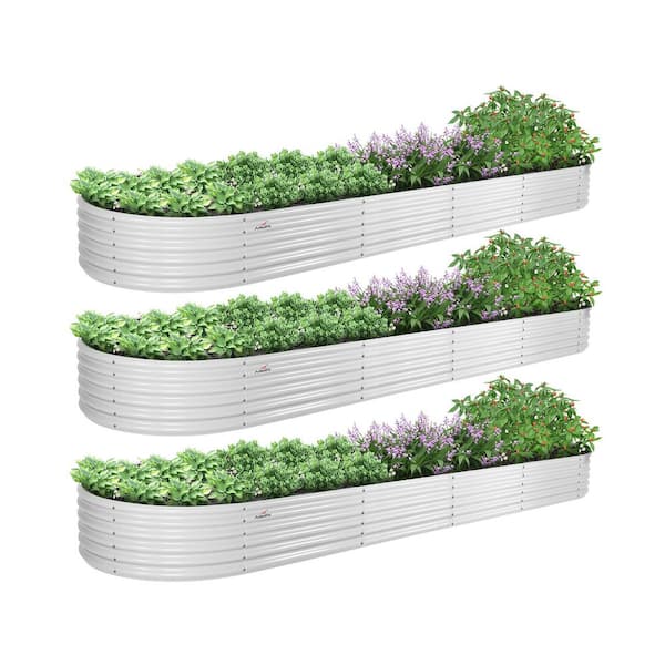 12 ft. x 3 ft. x1.5 ft. Outdoor Garden Oval Alloy Steel Quartz Antique White Galvanized Raised Planter Bed Boxes(3-Pack)