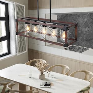 Retro 5-Light Mahogany&Black Rectangular Chandelier with Glass Shade for Kitchen Island with No Bulbs Included