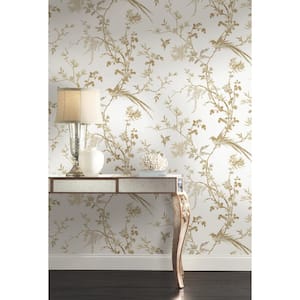 Ronald Redding White and Gold Bird and Blossom Chinoserie Paper Unpasted Matte Wallpaper (27 in. x 27 ft.)