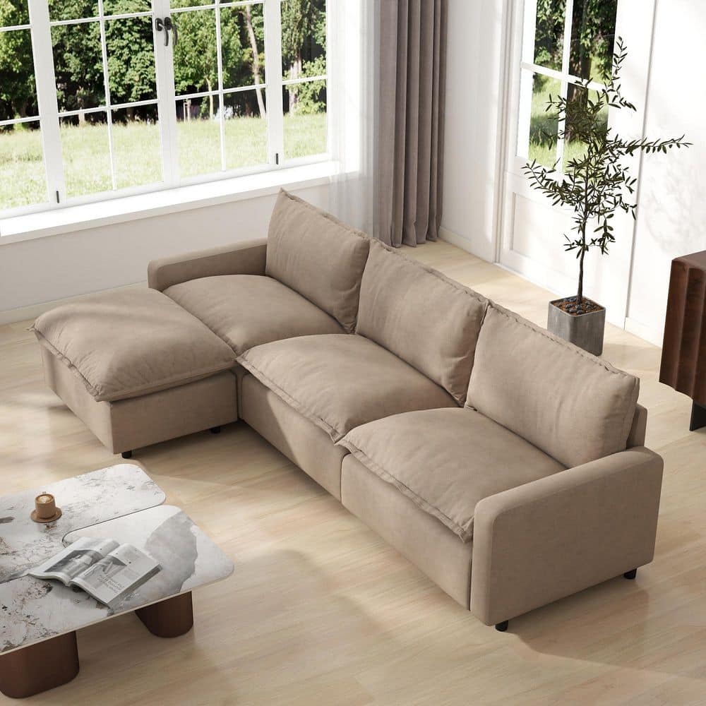 116 in. Square Arm 4-piece Linen Modular Free Combination sofa Sectional Sofa with Ottoman in Brown