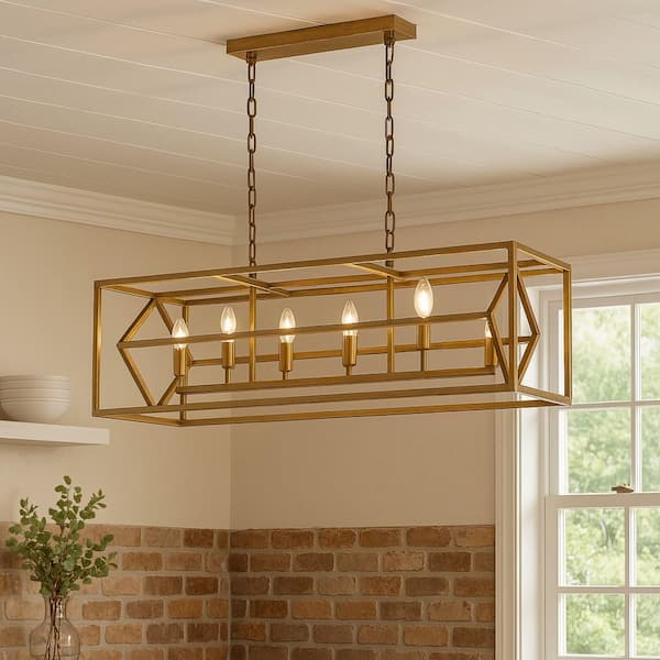 ALOA DECOR 6-Light W39 in. Matte Gold Modern Farmhouse Candle Linear Chandelier Rectangle Industrial Lighting for Kitchen Island