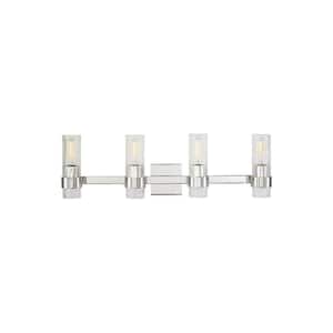 Geneva 30 in. W x 8.875 in. H 4-Light Polished Nickel Mid-Century Modern Vanity Light with Clear Fluted Glass Shades