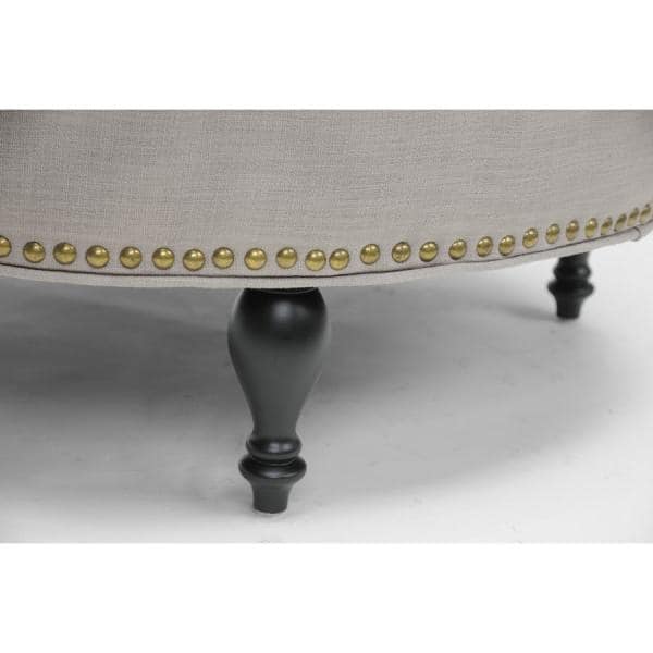 Gray Linen Tufted Round Ottoman with Brass Nailhead Trim