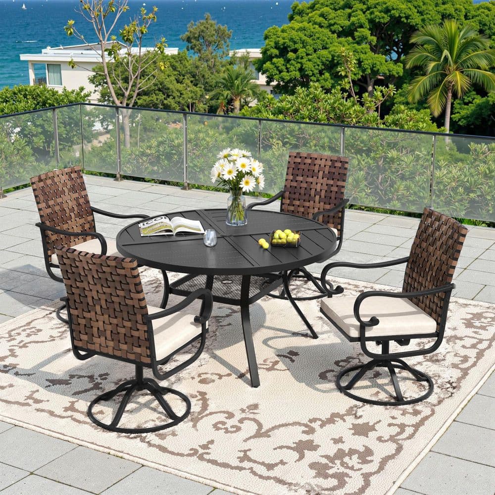 5-Piece Metal Outdoor Dining Set with 4 Swivel Wicker Chairs, Beige Cushions and 40.6 in. Black-Finish Round Table price history on PriceWatchPro