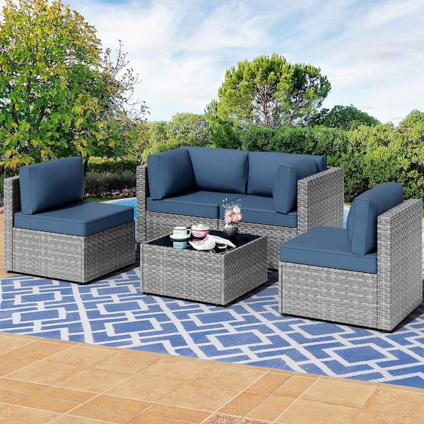 5-Piece Wicker Patio Sectional Seating Set with Navy Blue Cushions