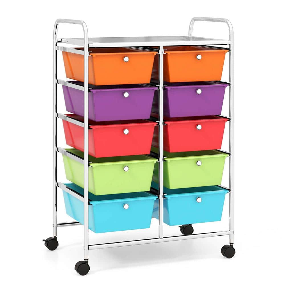 Costway 10-Drawer 4-Wheeled Plastic Storage Cart Utility Rolling Trolley Kitchen Office Organizer in Multi-Color