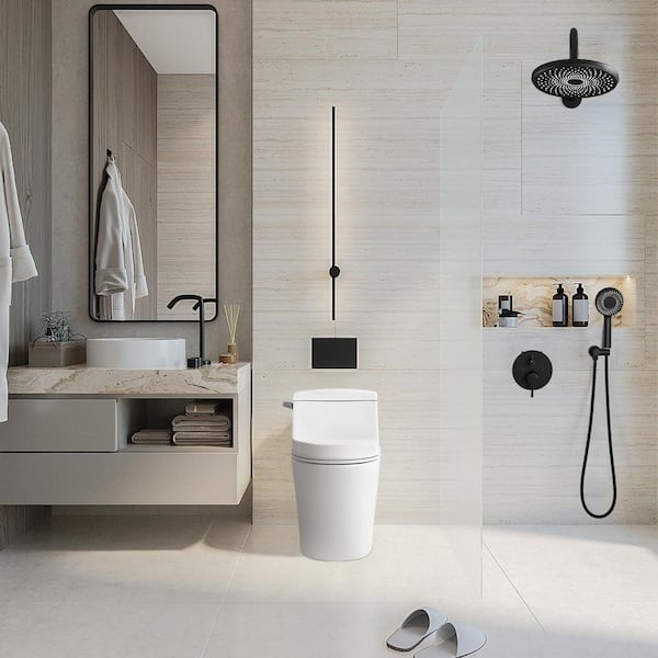 1-piece 0.8/1.28 GPF GPF Dual Flush Elongated Modern Toilet Soft Closing Seat, Quick Release in White Seat Included
