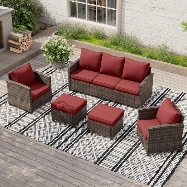 Poteban 5-Piece Wicker Patio Conversation Set With Wine Cushion