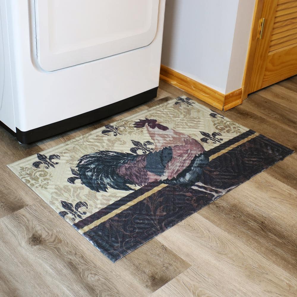 Farmhouse Brown Rooster Rubber and Polyester Kitchen Floor Mat