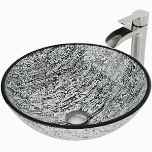 Glass Round Vessel Bathroom Sink in Titanium Gray with Niko Faucet and Pop-Up Drain in Brushed Nickel