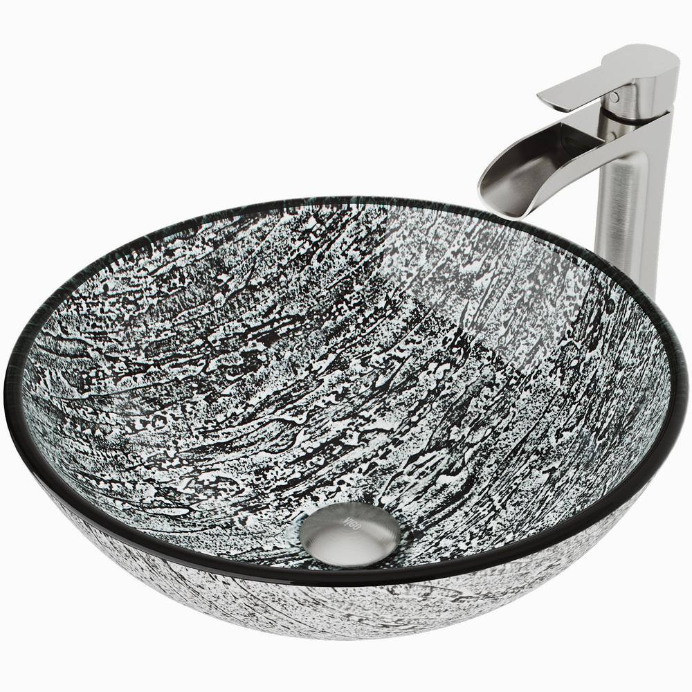 Titanium Gray Glass Vessel Sink with Modern Brushed Nickel Faucet