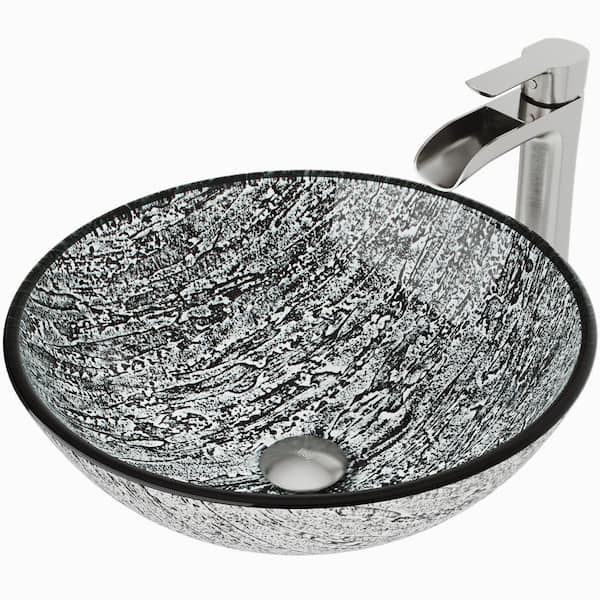 Glass Round Vessel Bathroom Sink in Titanium Gray with Niko Faucet and Pop-Up Drain in Brushed Nickel