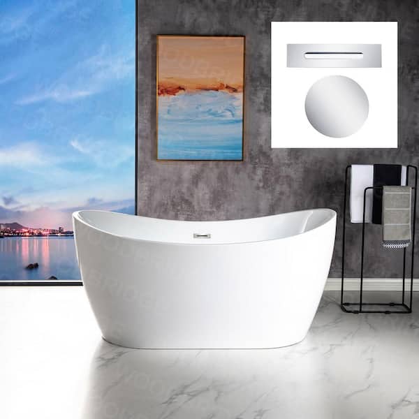 WOODBRIDGE Limoges 59 in. Acrylic FlatBottom Double Slipper Bathtub with Polished Chrome Overflow and Drain Included in White