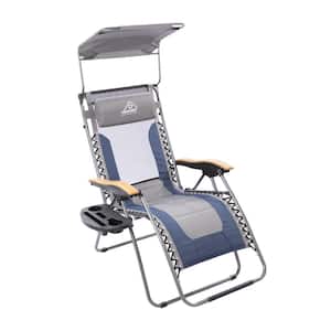 Folding Zero Gravity Metal Outdoor Patio Reclining Lounge Chair with Blue and Gray Cushion, Cup Holder and Side Table