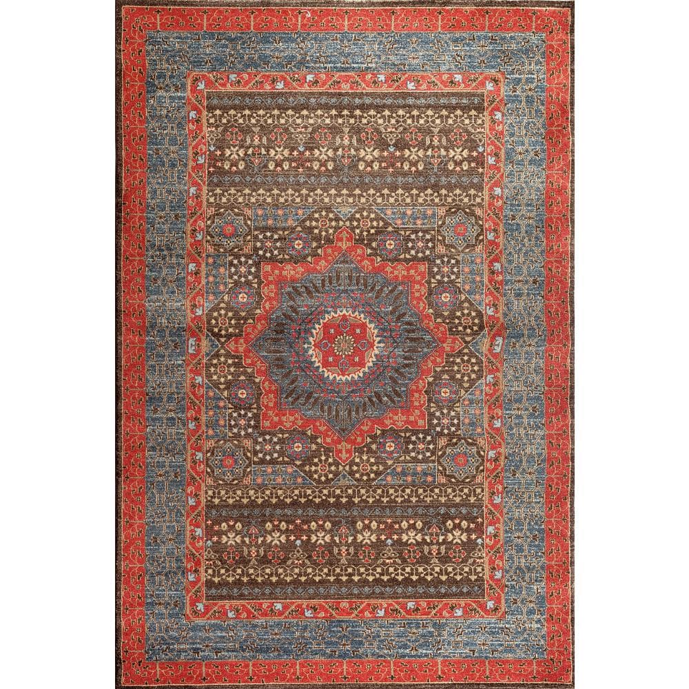 Safavid Style Red and Navy Synthetic Area Rug