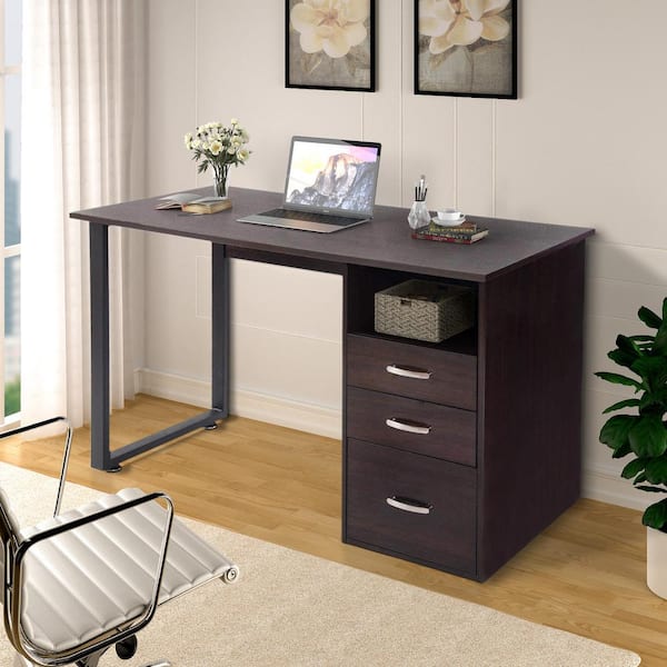 Merax 47 in. Espresso Rectangular 3 -Drawer Computer Desk with Shelf