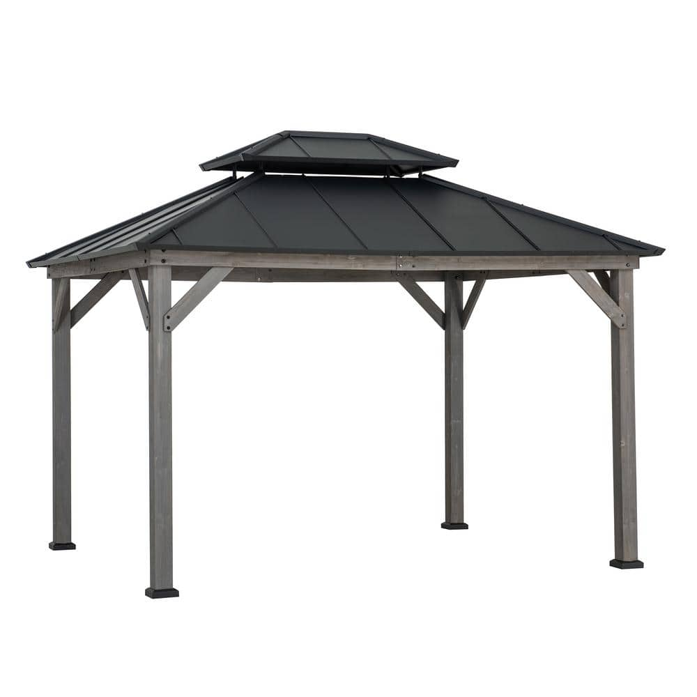 Sunjoy 10 ft. x 12 ft. Matte Black Cedar Framed Gazebo with Steel ...